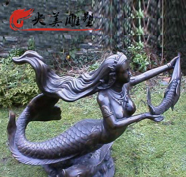 景區擺放玻璃鋼仿銅美人魚雕塑圖片