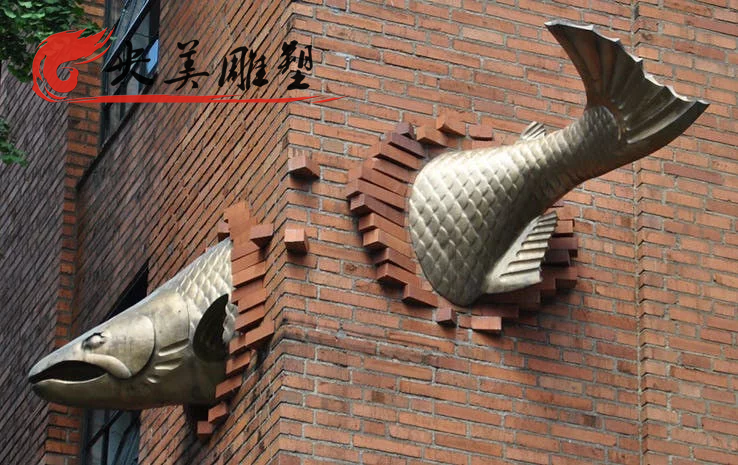 城市街道墻面裝飾創意不銹鋼魚雕塑圖片 城市街道墻面裝飾創意不銹鋼魚雕塑圖片