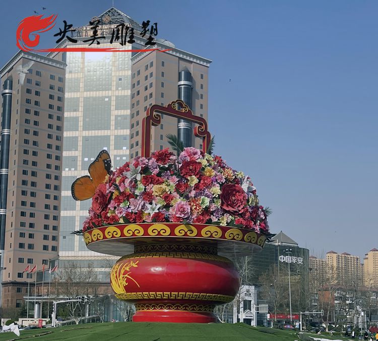 城市廣場擺放玻璃鋼彩繪蝴蝶大花籃雕塑圖片 城市廣場擺放玻璃鋼彩繪蝴蝶大花籃雕塑圖片
