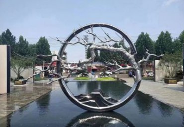 售樓處園林水池擺放不銹鋼樹枝圓環景觀雕塑